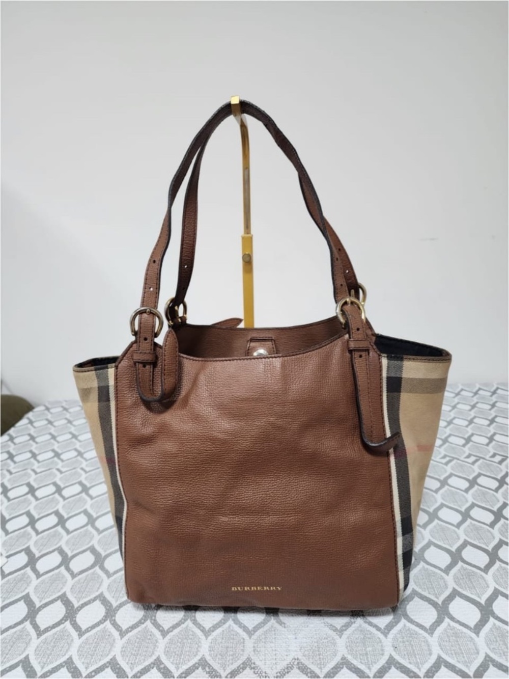 Authentic BURBERRY Leather And House Check Canvas Small Canterbury Tote Bag Brow